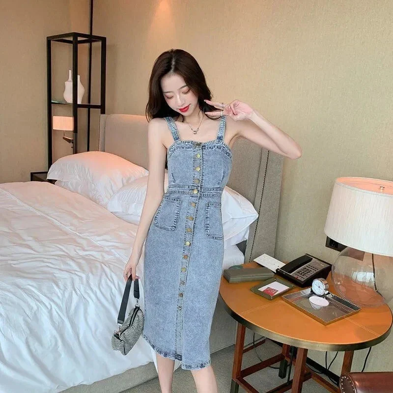Denim Dress Women 2025 Summer. New Retro Casual All-match Denim Slip Dresses, Female, Single Breasted Long Suspender Skirt
