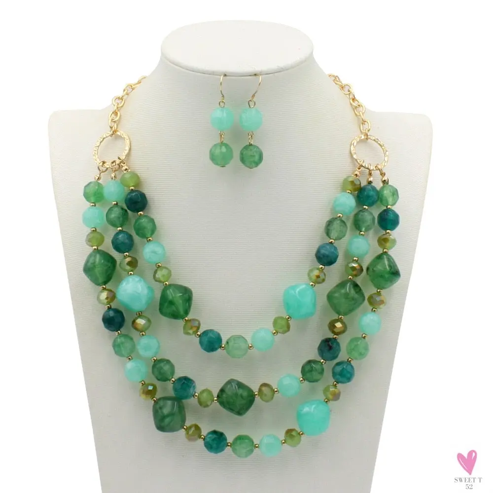 Fashion Acrylic Jewelry - Retro Big Resin Stone Glass Beads, Handmade Necklace/Earring Set for Women and Girls