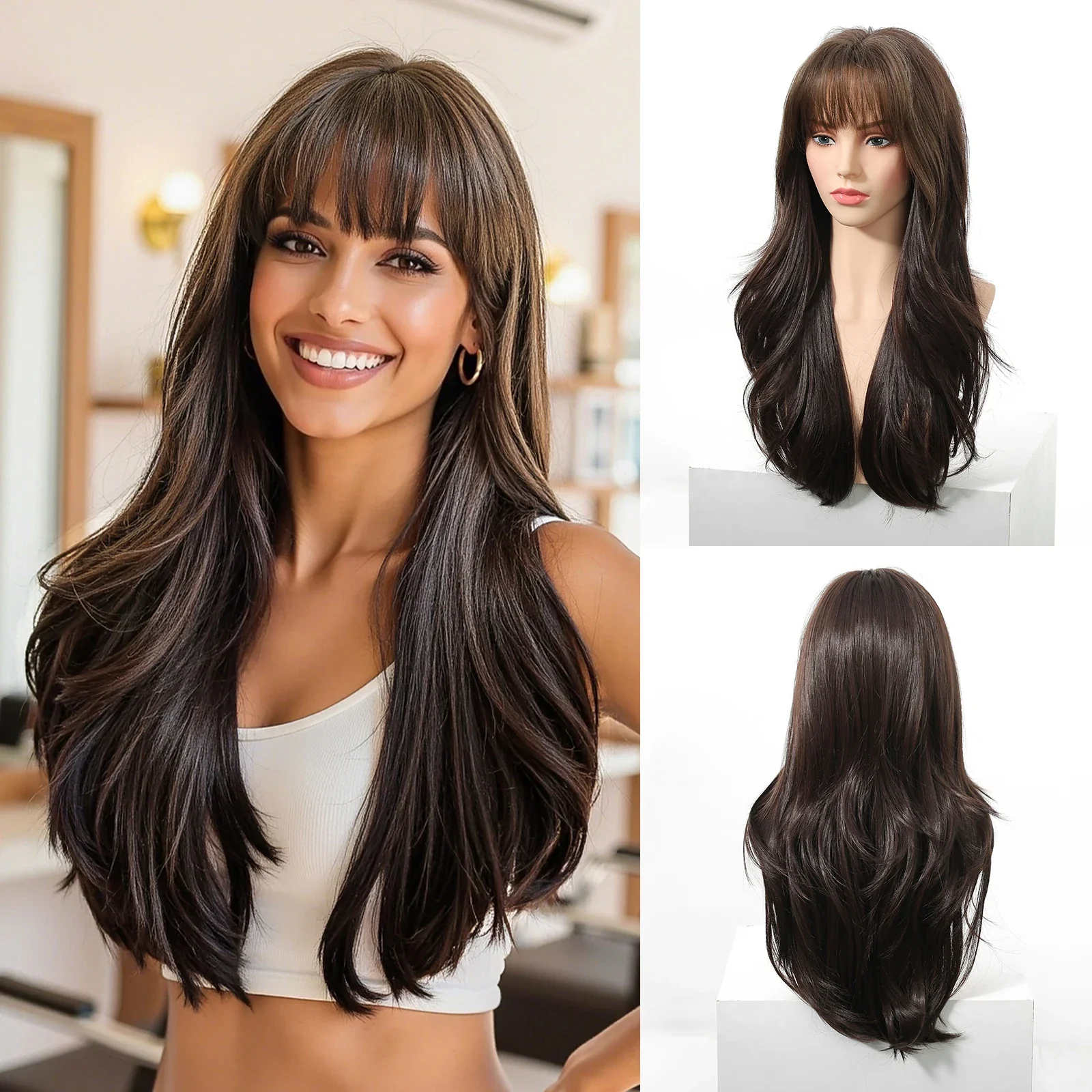 Long Wavy Synthetic Wigs, Long Wavy Ombre Wigs with Bangs for Women, Heat Resistant