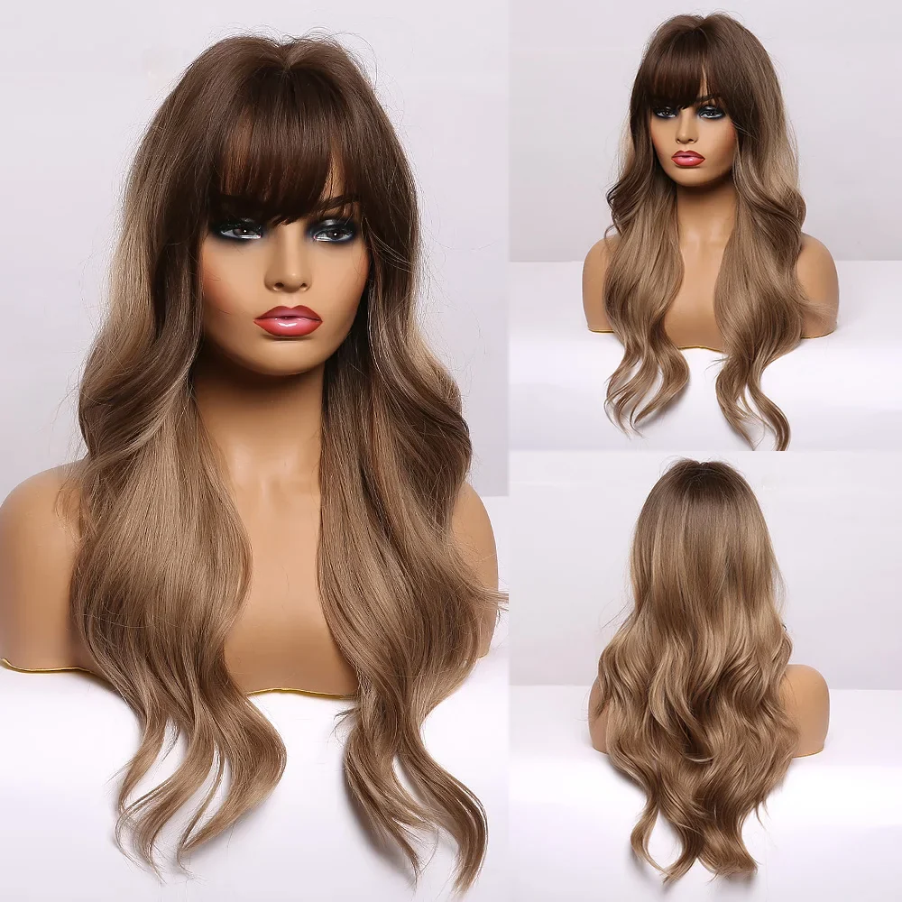 Long Wavy Synthetic Wigs, Long Wavy Ombre Wigs with Bangs for Women, Heat Resistant