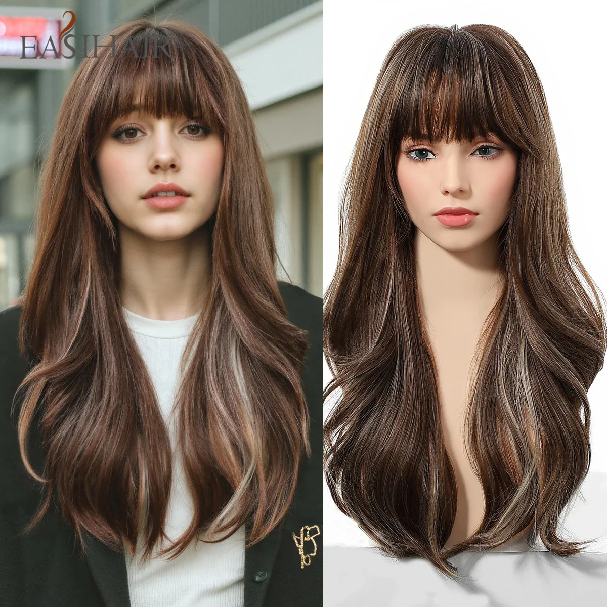 Long Wavy Synthetic Wigs, Long Wavy Ombre Wigs with Bangs for Women, Heat Resistant