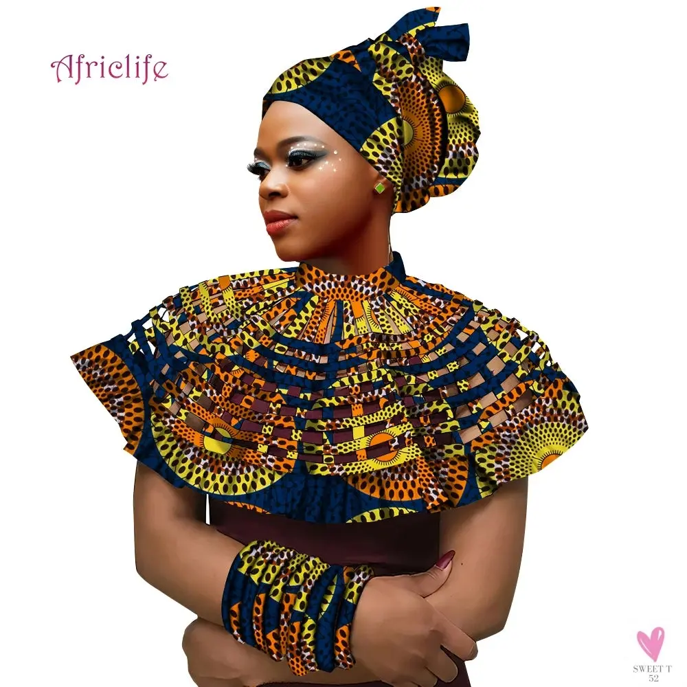African Ankara Shawl Collar for Women & Girls - Multi Strand Net Necklace, 1 Headband and 10 Bracelets