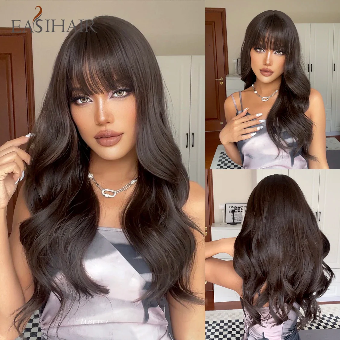 Long Wavy Synthetic Wigs, Long Wavy Ombre Wigs with Bangs for Women, Heat Resistant