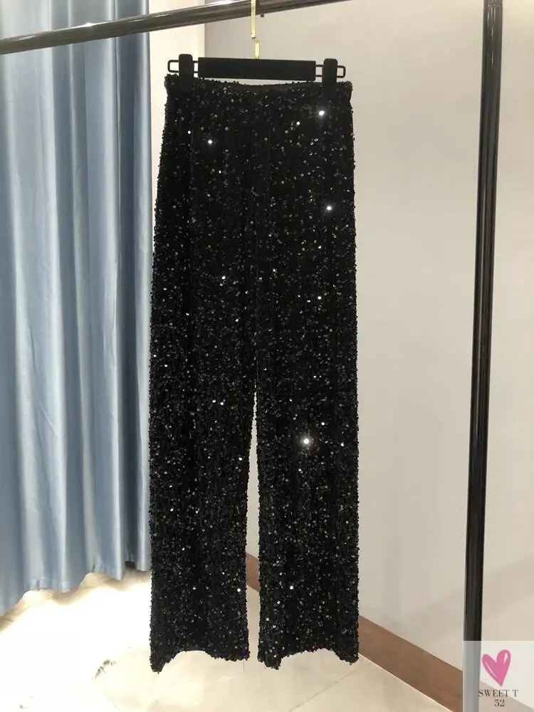 Sequined Wide Leg Trousers - Shiny Full Length Straight Women's Elastic Waist, High Street 2023 Fashions
