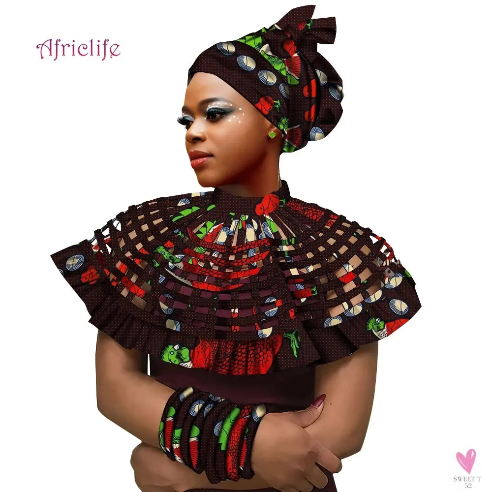 African Ankara Shawl Collar for Women & Girls - Multi Strand Net Necklace, 1 Headband and 10 Bracelets