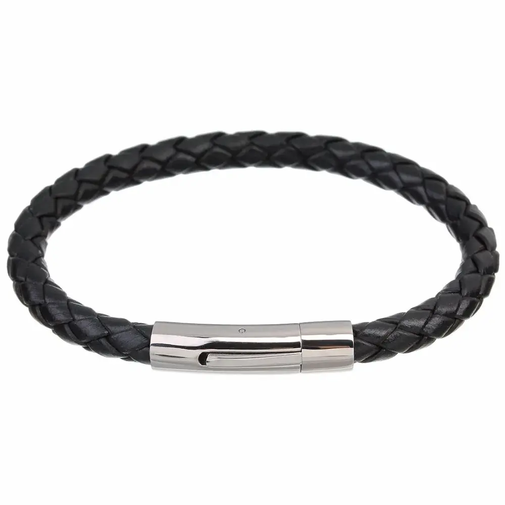 Men's Multicolor Stainless Steel Button Leather Bracelet - Braided Leather, Magnetic Clasp. Chain Link Type.