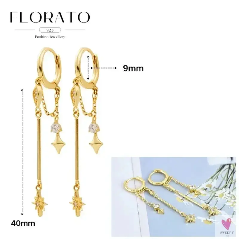 925 Sterling Silver Long Chain Tassel Drop Earrings for Women - Crystal Zircon Star Perforation Earrings, Fine Jewelry