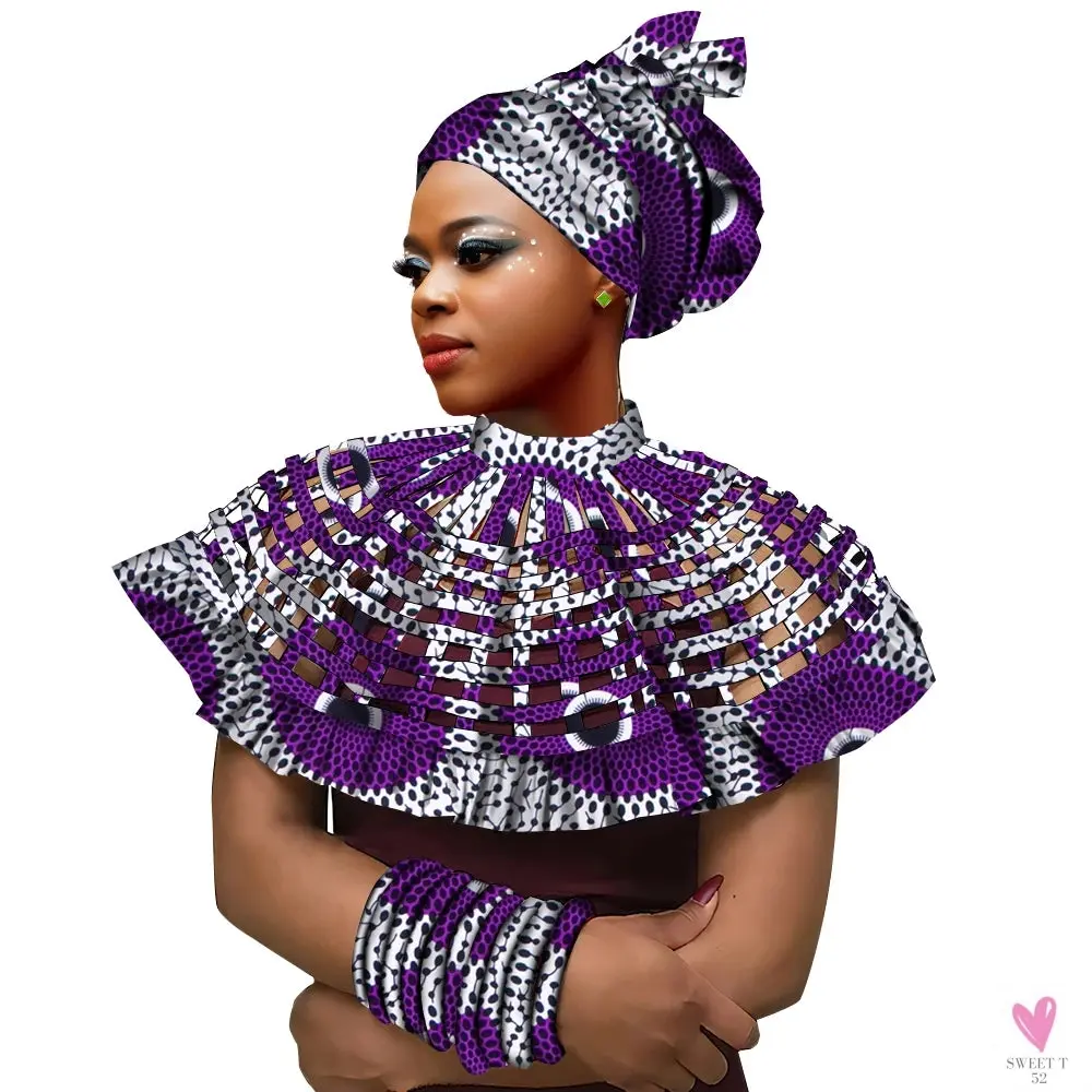 Ankara African Shawl Collar, Women's Multi-Strands Net Necklace, 1 Headband and10 bracelets, Handmade Jewelry