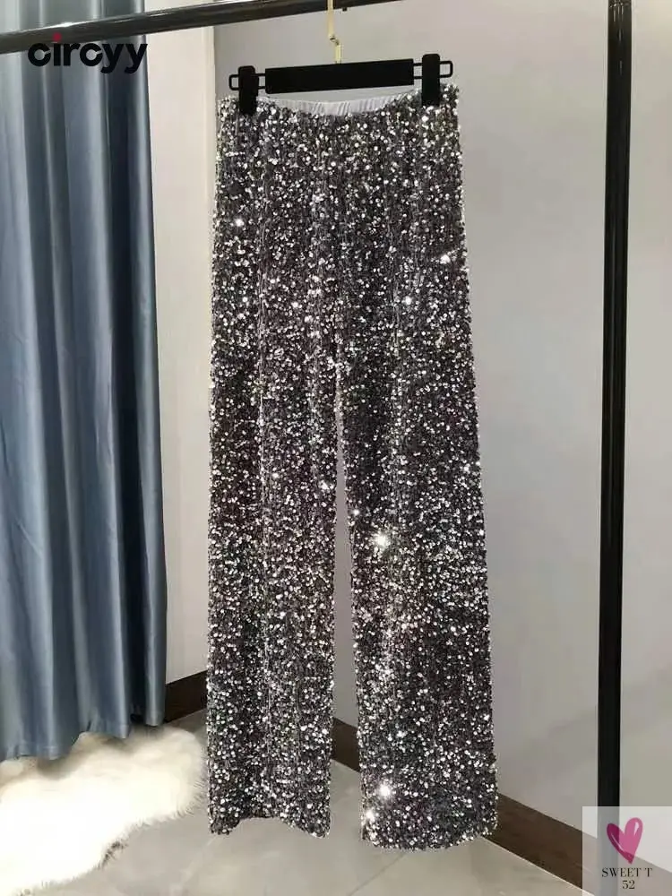 Sequined Wide Leg Trousers - Shiny Full Length Straight Women's Elastic Waist, High Street 2023 Fashions
