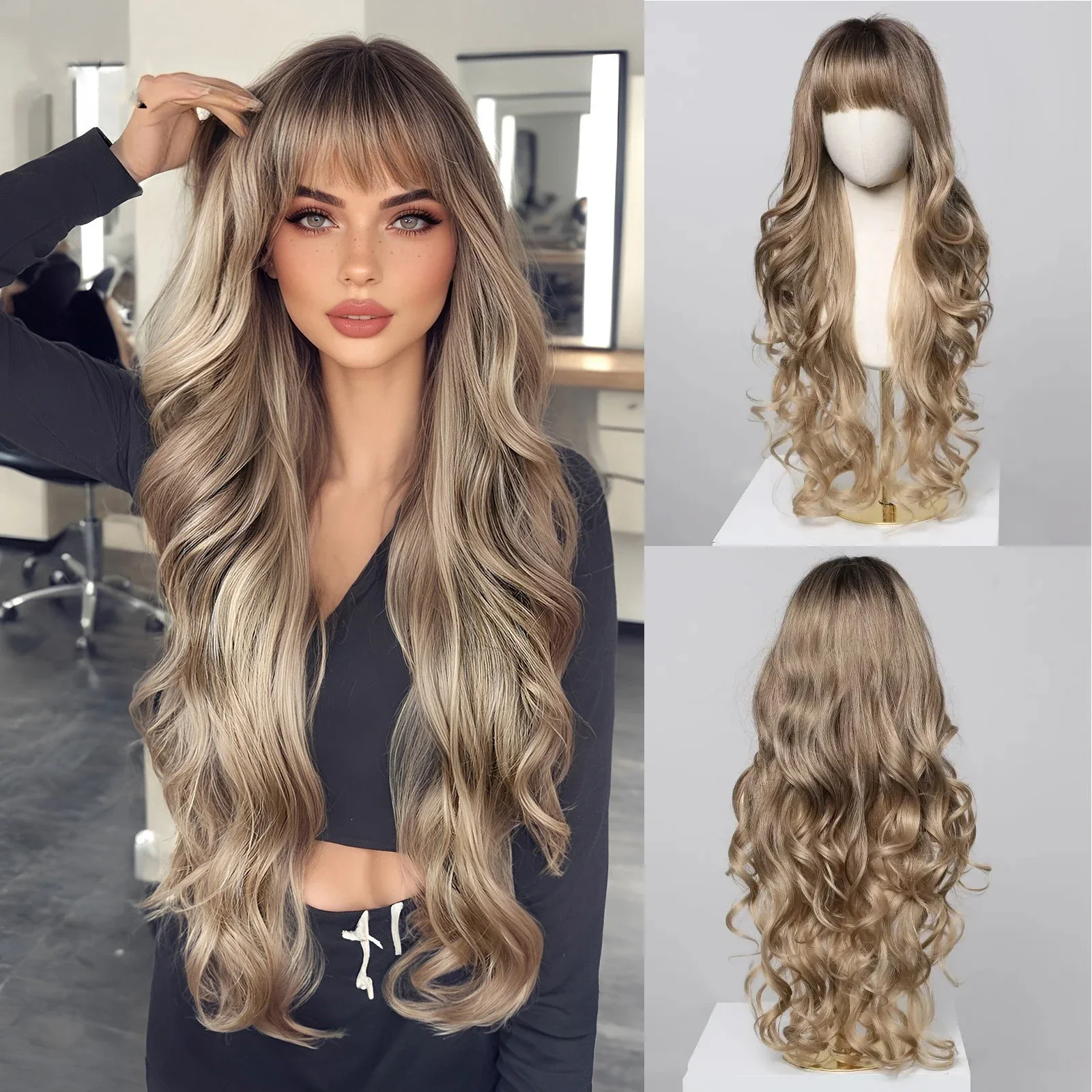 Long Wavy Synthetic Wigs, Long Wavy Ombre Wigs with Bangs for Women, Heat Resistant