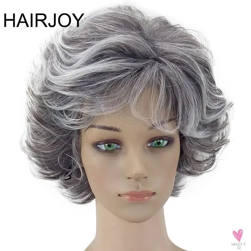Women's Wig - 2 Tone Grey White Ombre Synthetic Short Layered Curly Hair Wig with Puffy Bangs