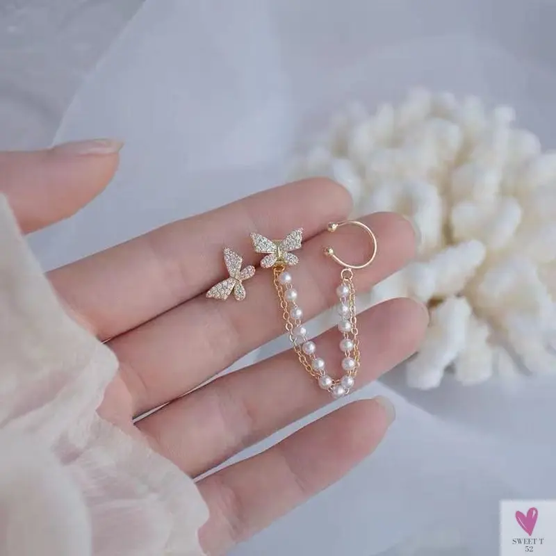 Crystal Butterfly Tassel Ear Cuff Earrings for Women and Girls in Gold and Silver