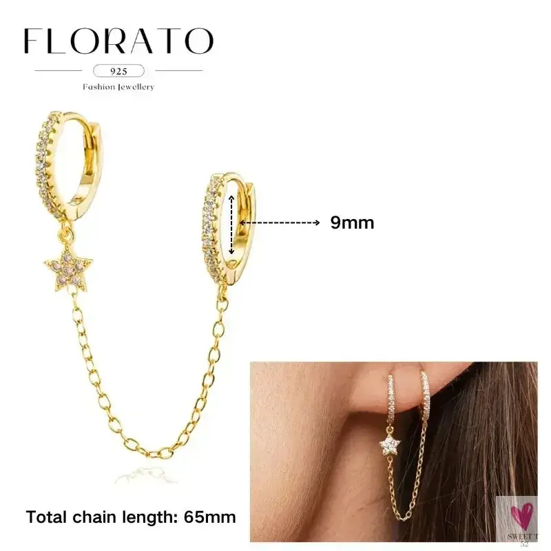 925 Sterling Silver Long Chain Tassel Drop Earrings for Women - Crystal Zircon Star Perforation Earrings, Fine Jewelry