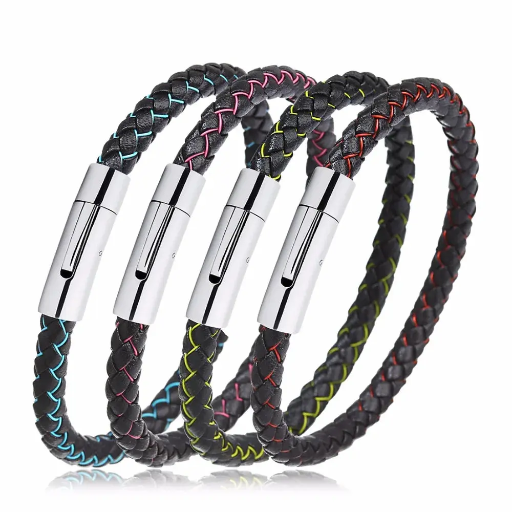 Men's Multicolor Stainless Steel Button Leather Bracelet - Braided Leather, Magnetic Clasp. Chain Link Type.