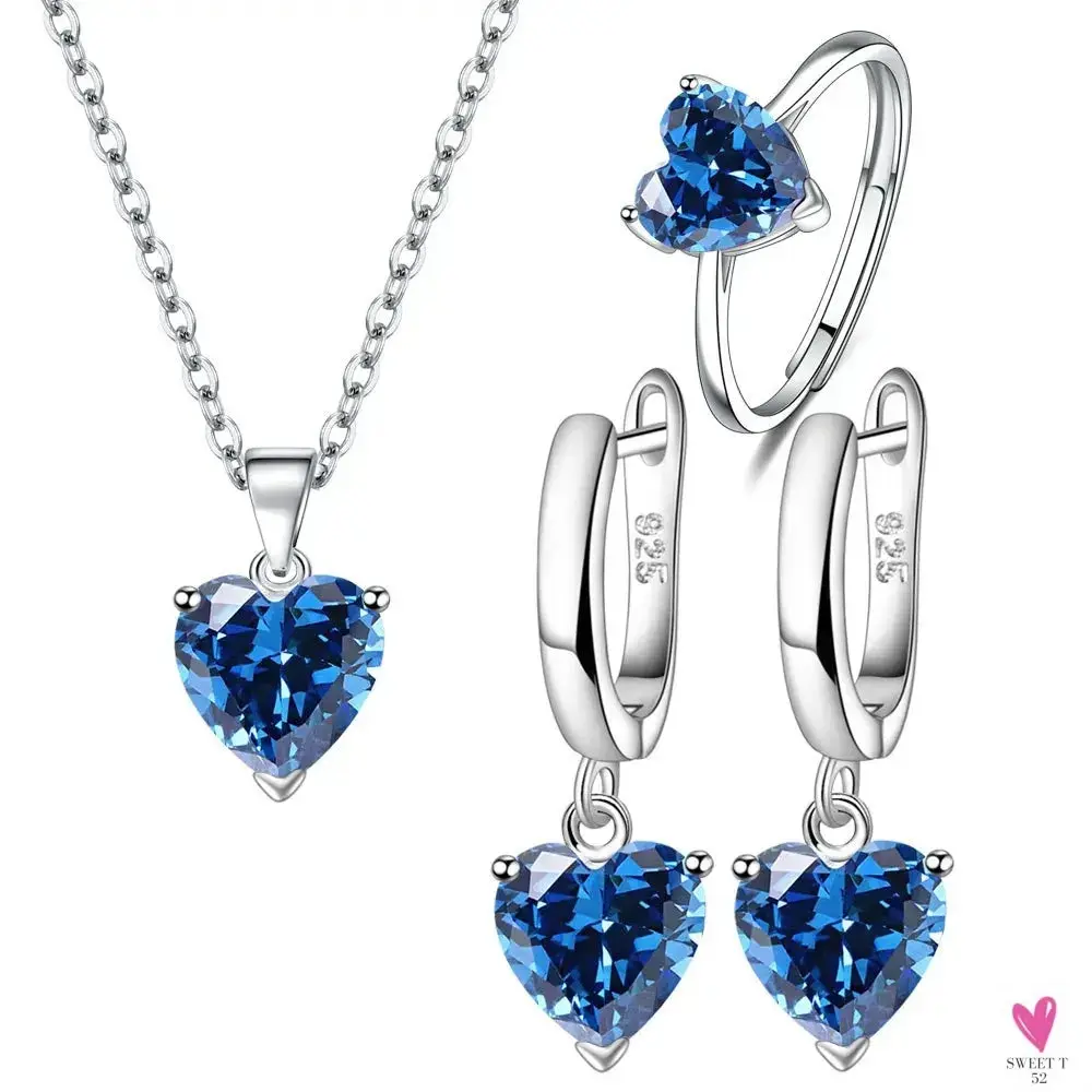 925 Sterling Silver Jewelry Sets For Women & Girls - Heart Zircon Ring, Earrings and Necklace (Copy)