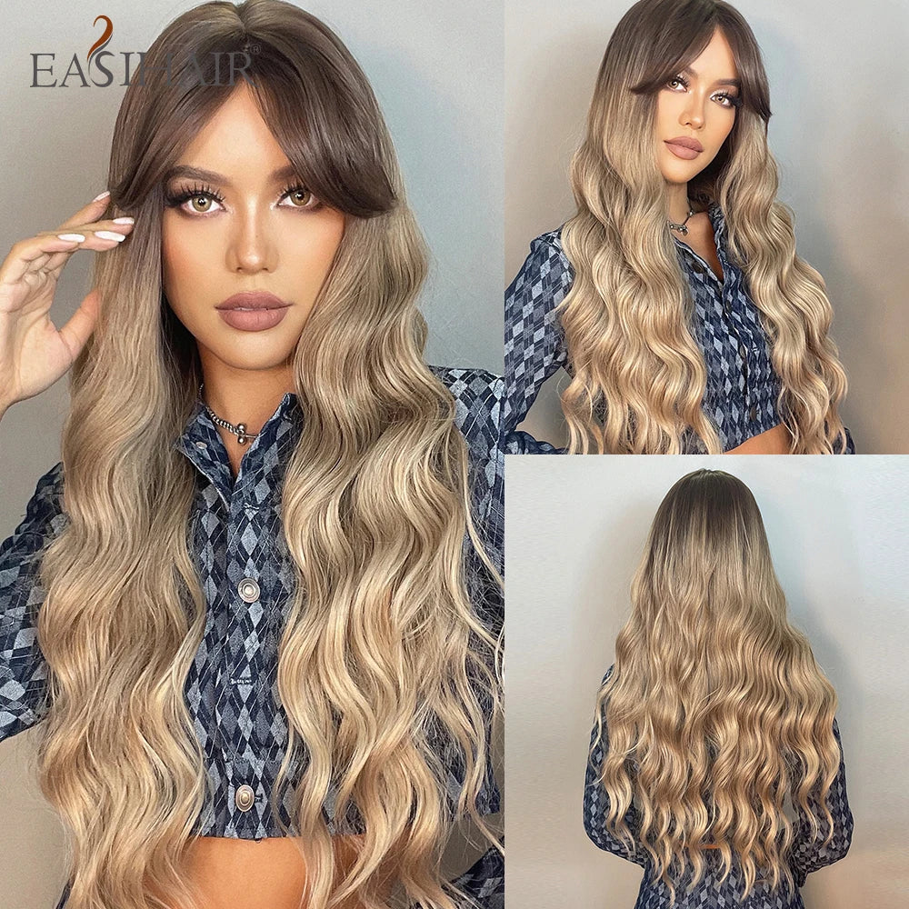 Long Wavy Synthetic Wigs, Long Wavy Ombre Wigs with Bangs for Women, Heat Resistant