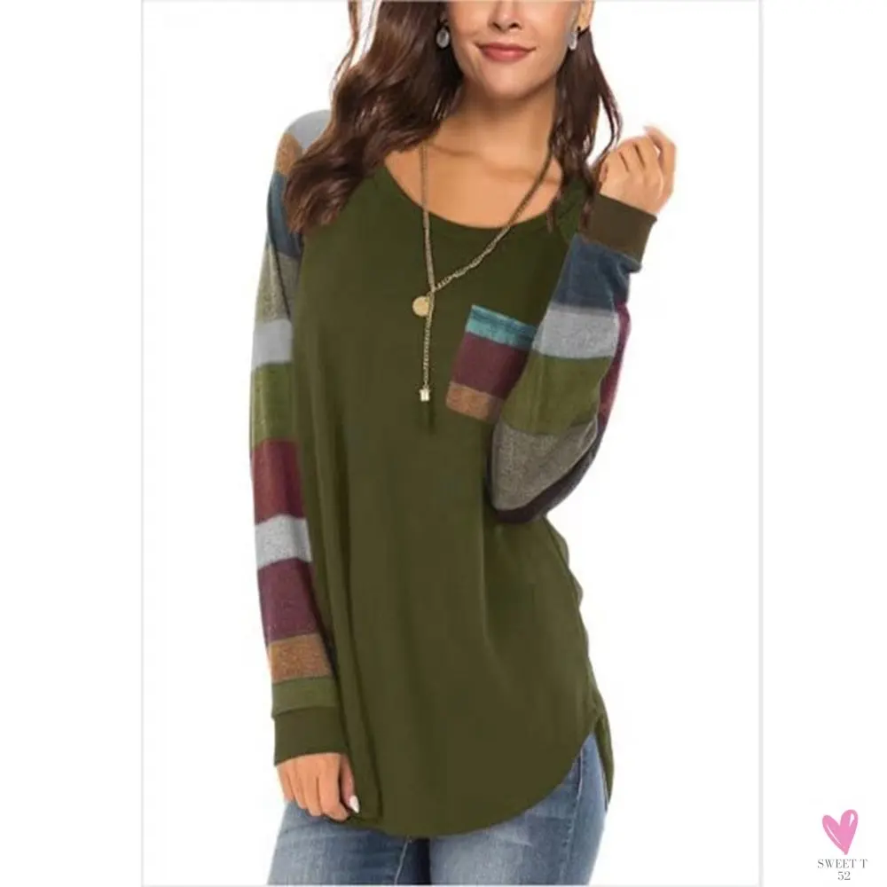 Women's Casual Color Block Long Sleeve Tee with Round Neck.  Loose Tunic Top, Sweatshirt with Pocket