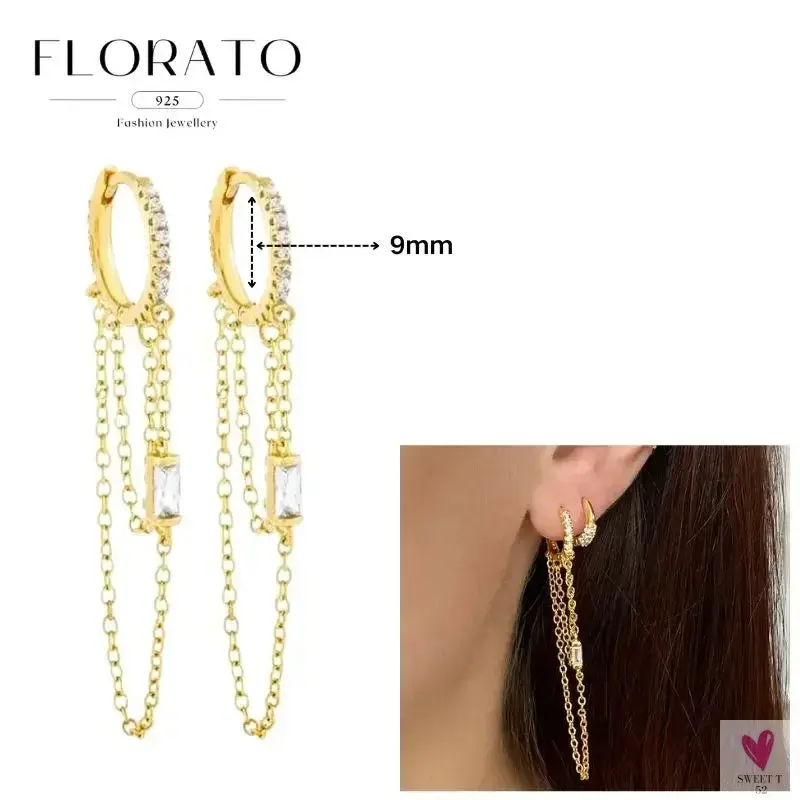 925 Sterling Silver Long Chain Tassel Drop Earrings for Women - Crystal Zircon Star Perforation Earrings, Fine Jewelry