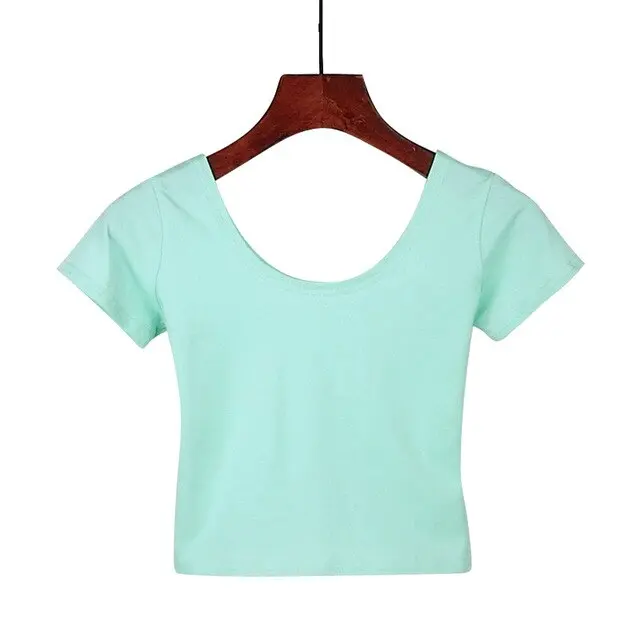 Women's U-Neck Crop Top T-Shirt in Solid Colors With Spandex