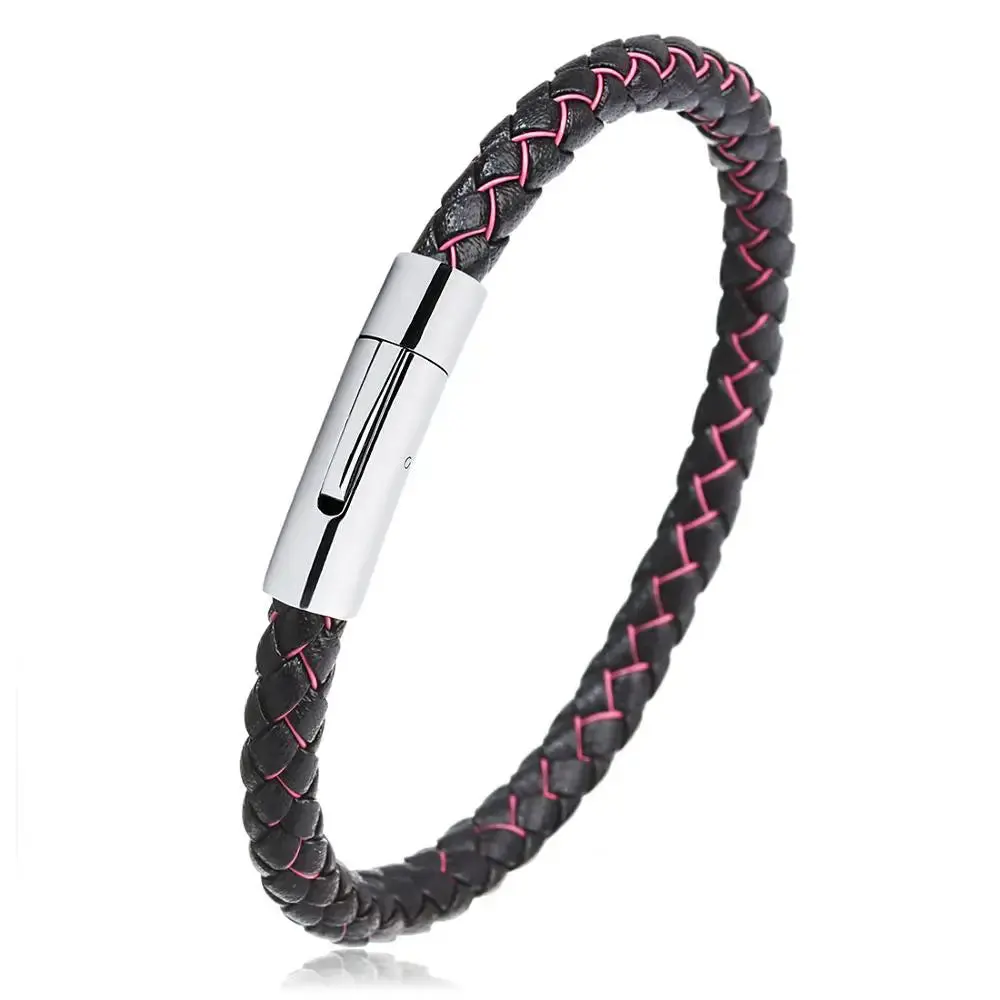 Men's Multicolor Stainless Steel Button Leather Bracelet - Braided Leather, Magnetic Clasp. Chain Link Type.