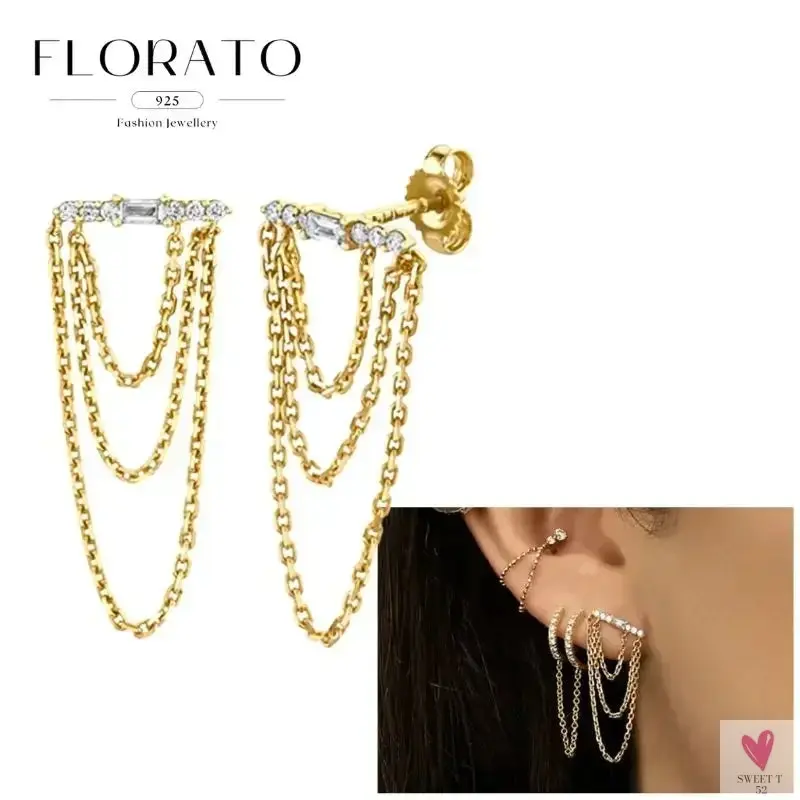 925 Sterling Silver Long Chain Tassel Drop Earrings for Women - Crystal Zircon Star Perforation Earrings, Fine Jewelry