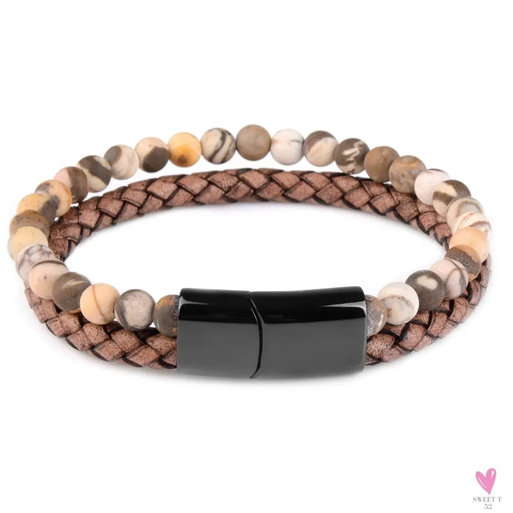 Round/Natural Stone/Genuine Leather/Tiger Eye Beads Bracelet for Men and Women with Magnetic Stainless Steel Clasp