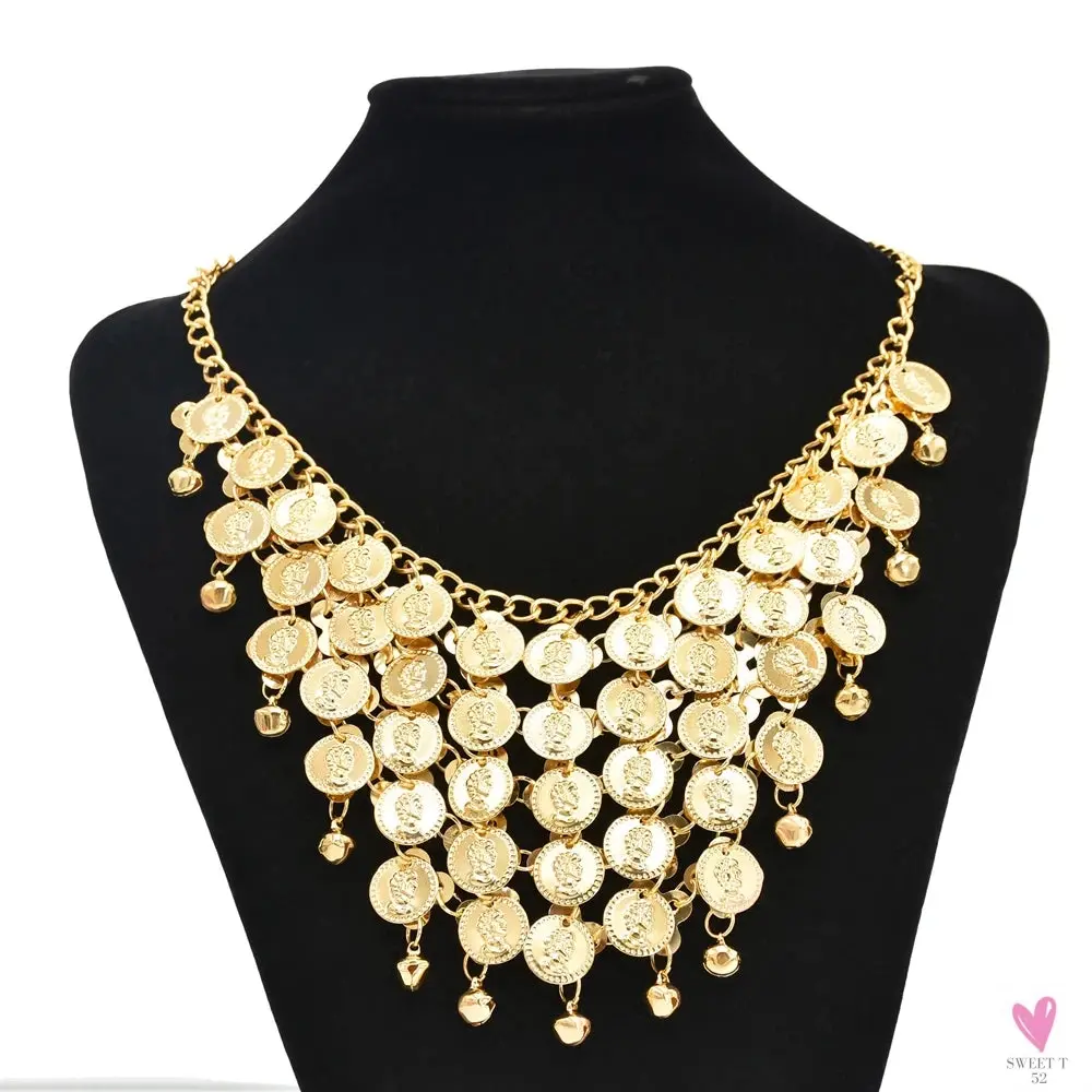 Indian Jewelry Set - Golden Alloy Portrait Coin Bell Tassel Choker Necklace/Earrings for Women
