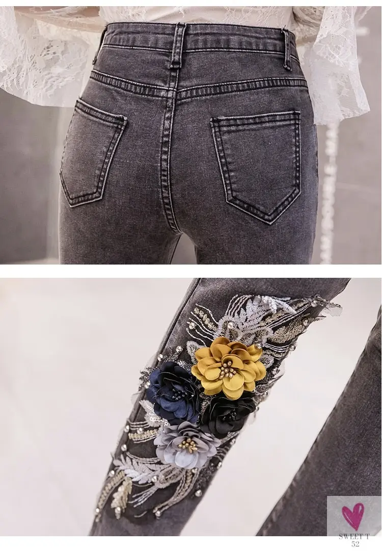 Women's Flower Embroidered Straight leg Jeans - Female Casual Pencil Pants, Straight Leg Jeans