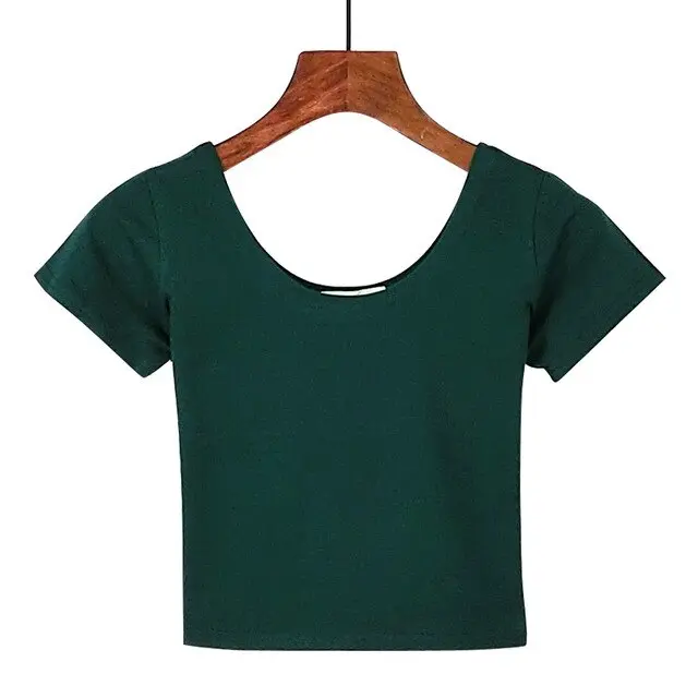 Women's U-Neck Crop Top T-Shirt in Solid Colors With Spandex