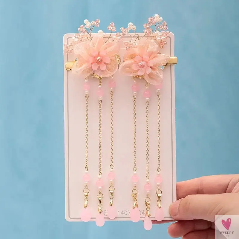 1 Pair Safflower Golden Lock Children's Ancient style headdress, girl's fairy hairpin, Chinese style hair accessories