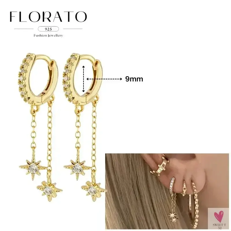 925 Sterling Silver Long Chain Tassel Drop Earrings for Women - Crystal Zircon Star Perforation Earrings, Fine Jewelry