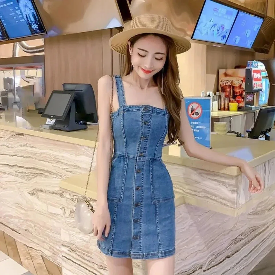 Denim Dress Women 2025 Summer. New Retro Casual All-match Denim Slip Dresses, Female, Single Breasted Long Suspender Skirt