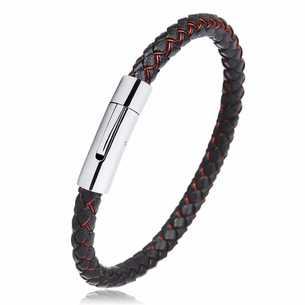 Men's Multicolor Stainless Steel Button Leather Bracelet - Braided Leather, Magnetic Clasp. Chain Link Type.