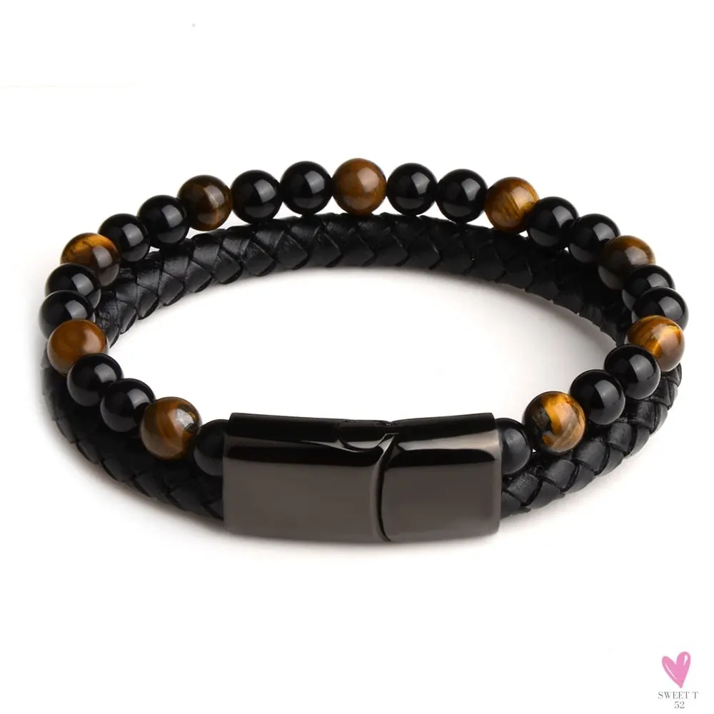 Round/Natural Stone/Genuine Leather/Tiger Eye Beads Bracelet for Men and Women with Magnetic Stainless Steel Clasp