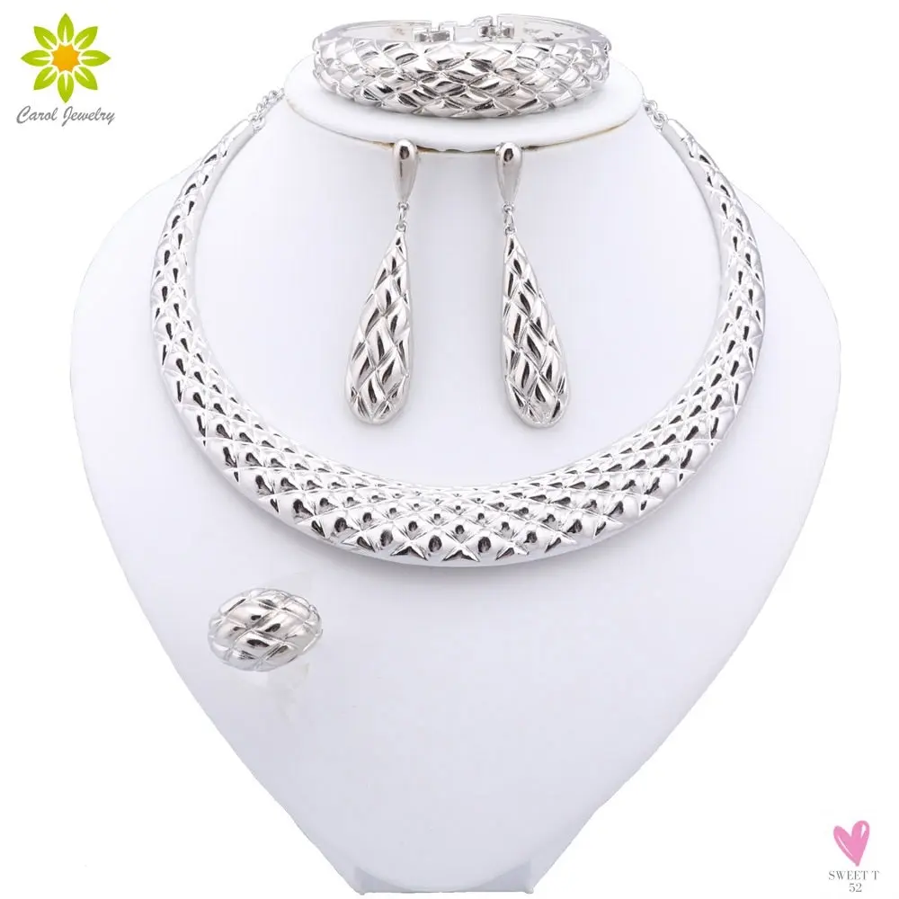 Dubai Women's Jewelry Sets, Silver Plated Necklace, Bracelet, Earrings and Ring Set.  African Bridal Wedding, Gifts