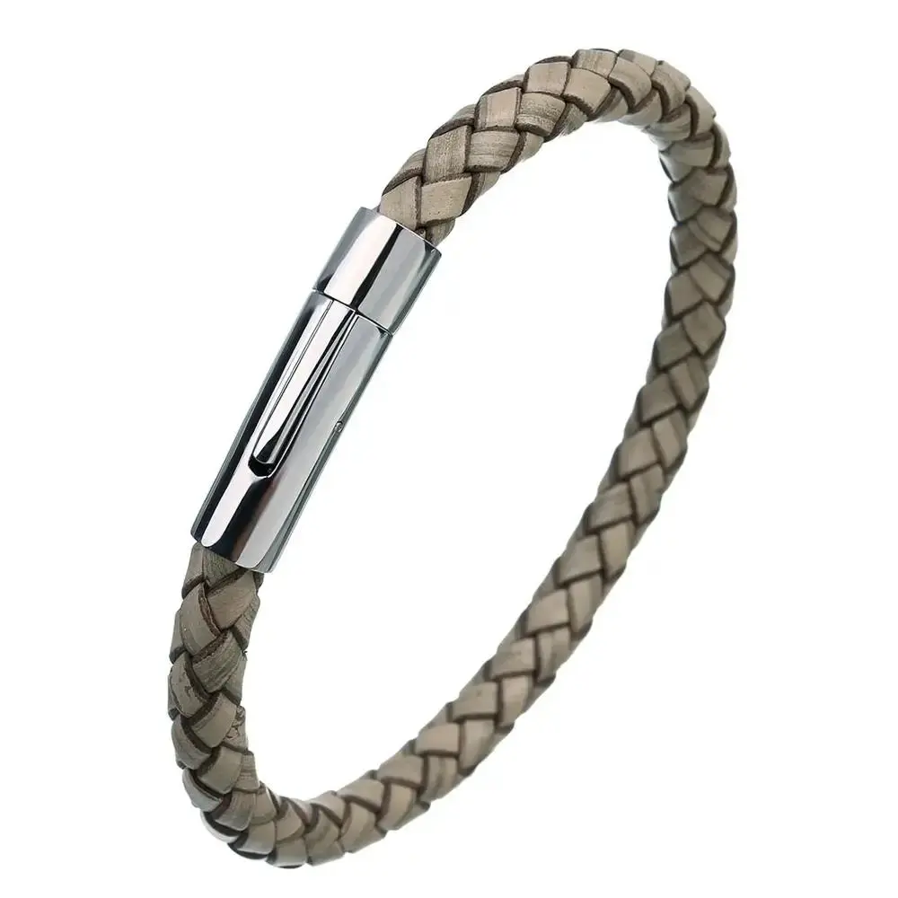 Men's Multicolor Stainless Steel Button Leather Bracelet - Braided Leather, Magnetic Clasp. Chain Link Type.