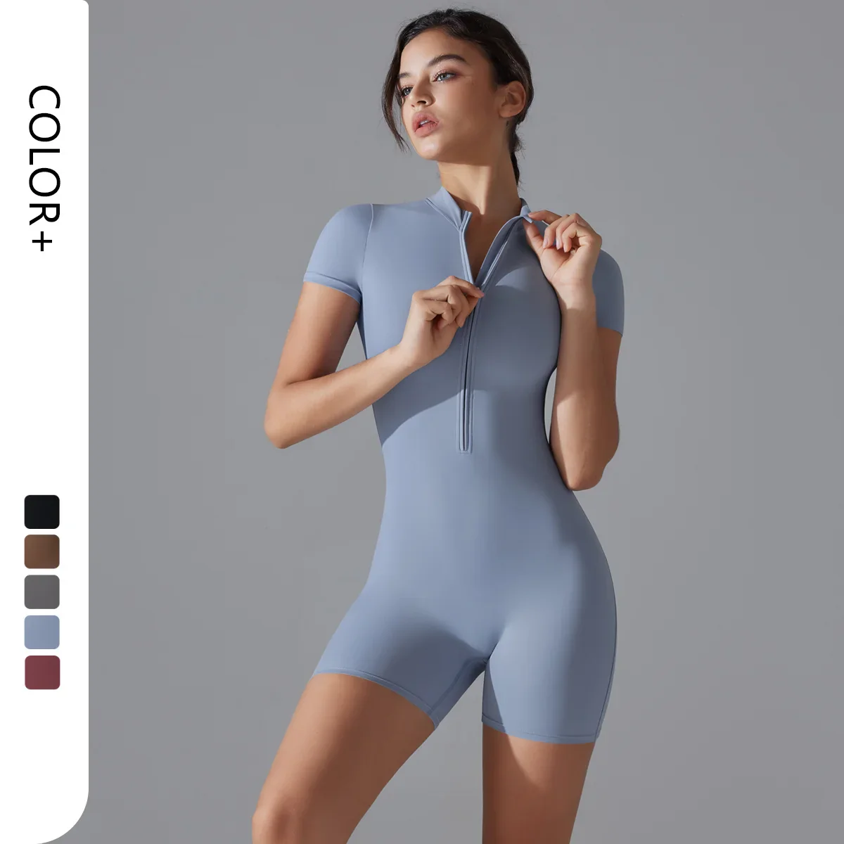 One Piece Gym Yoga Romper - Zippered Short Sleeve Fitness Jumpsuit for Women