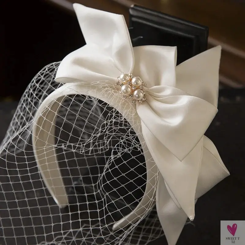 White Bridal Hairband - Mesh Satin Bow Headband, Vintage Fairy Bridal/Wedding Hair Accessory