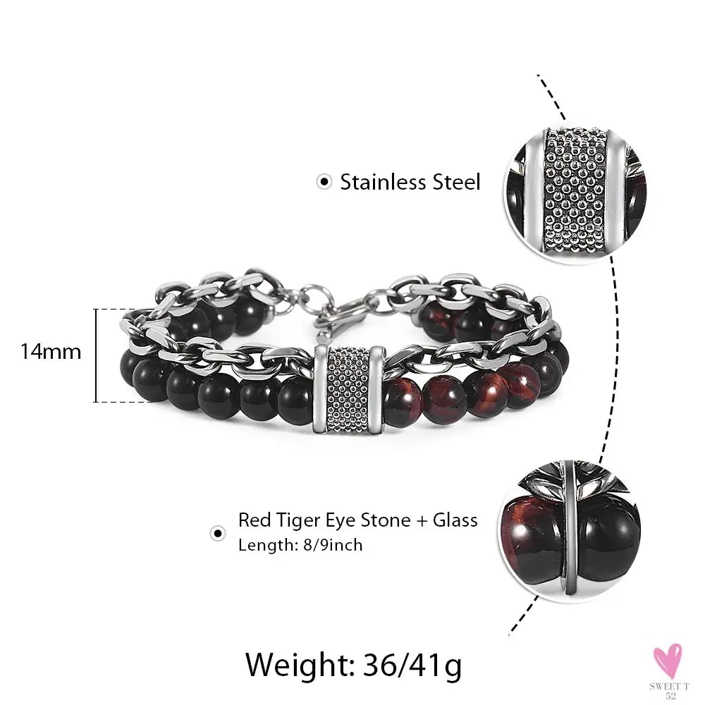 Natural Map Stone Men/Women's Beaded Bracelet, Stainless Steel Bracelets, Unisex Jewelry - Tiger Eyes