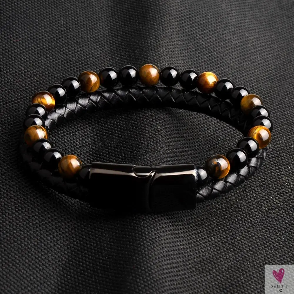 Round/Natural Stone/Genuine Leather/Tiger Eye Beads Bracelet for Men and Women with Magnetic Stainless Steel Clasp