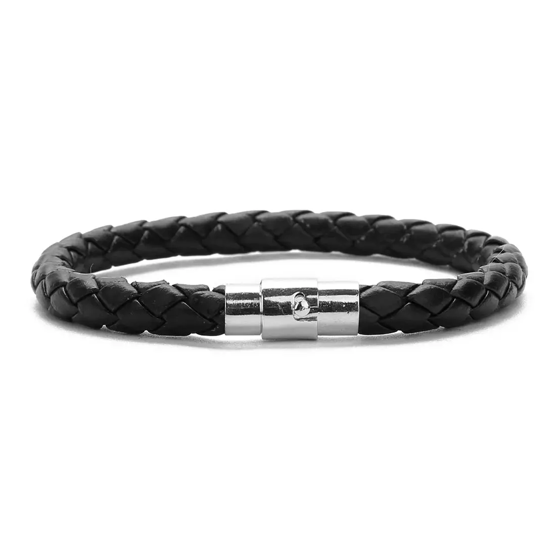 Men's Multicolor Stainless Steel Button Leather Bracelet - Braided Leather, Magnetic Clasp. Chain Link Type.