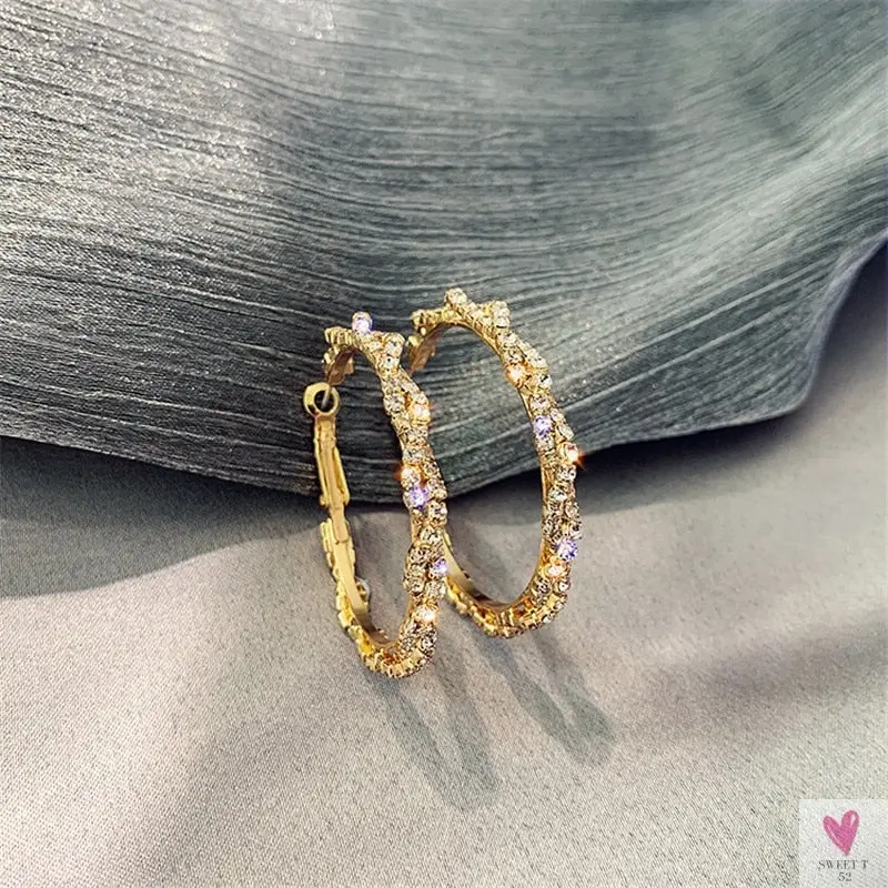 Shiny Round Crystal Hoop (Screw-in Closure) Fashion Earrings for Women and Girls in Gold and Rhinestones