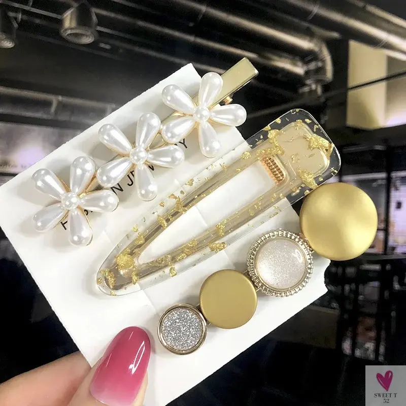 3/4pcs Set Pearl Hair Clips For Women & Girls - Geometric Crystal Hair Barrettes/Clips