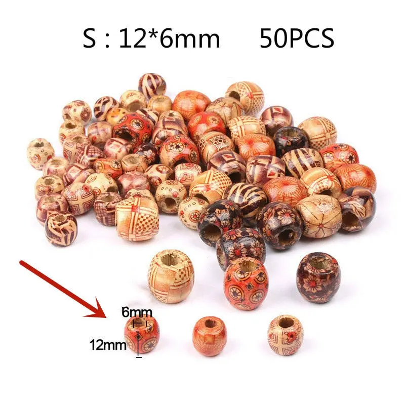 Wood Hair Beads for Women and Girls - 50 Piece Bag of 12 mm Beads, 6 mm Holes for Braids