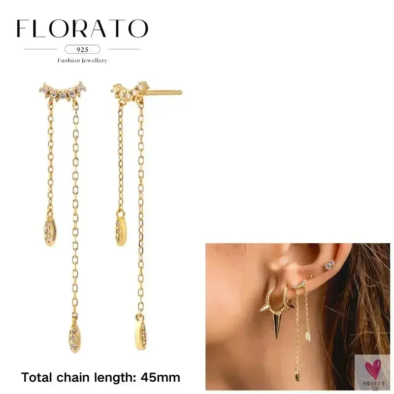 925 Sterling Silver Long Chain Tassel Drop Earrings for Women - Crystal Zircon Star Perforation Earrings, Fine Jewelry