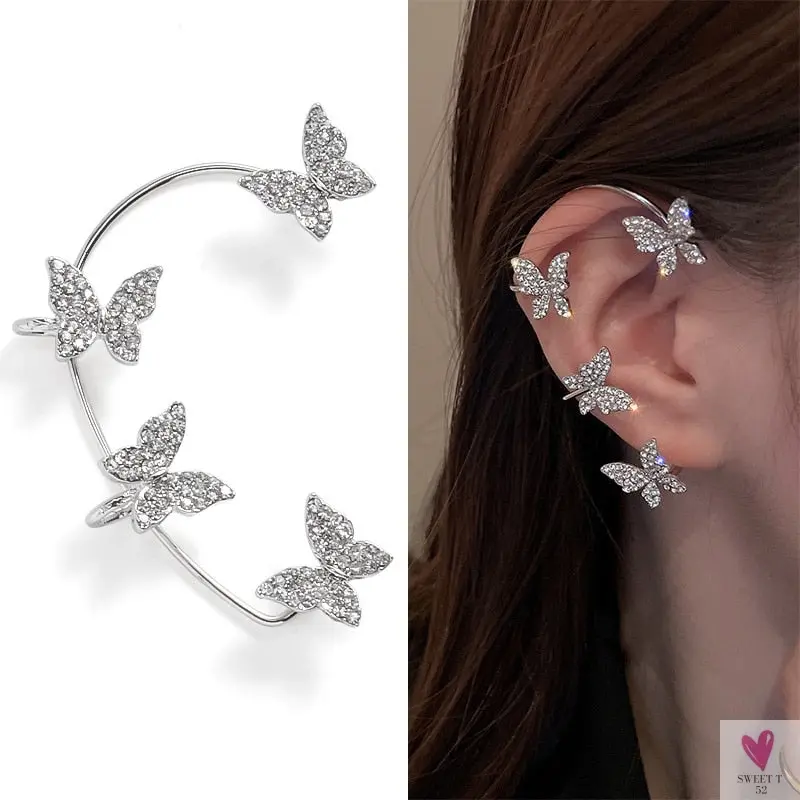 Crystal Butterfly Tassel Ear Cuff Earrings for Women and Girls in Gold and Silver