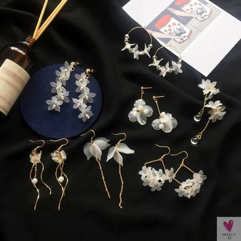 Handmade Long Acrylic Drop/Dangle Earrings for Women and Girls - All in White (Gold Plated)