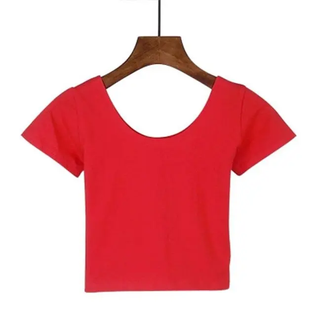 Women's U-Neck Crop Top T-Shirt in Solid Colors With Spandex