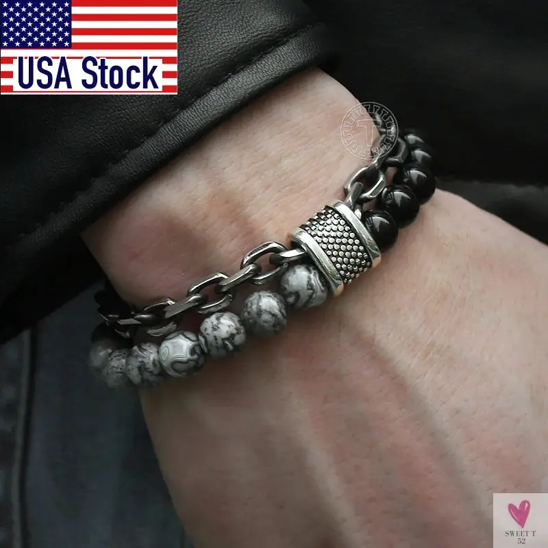 Natural Map Stone Men/Women's Beaded Bracelet, Stainless Steel Bracelets, Unisex Jewelry - Tiger Eyes