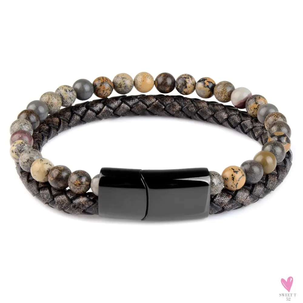 Round/Natural Stone/Genuine Leather/Tiger Eye Beads Bracelet for Men and Women with Magnetic Stainless Steel Clasp